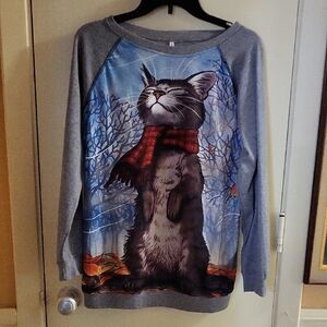 Gray Cat Print Sweatshirt